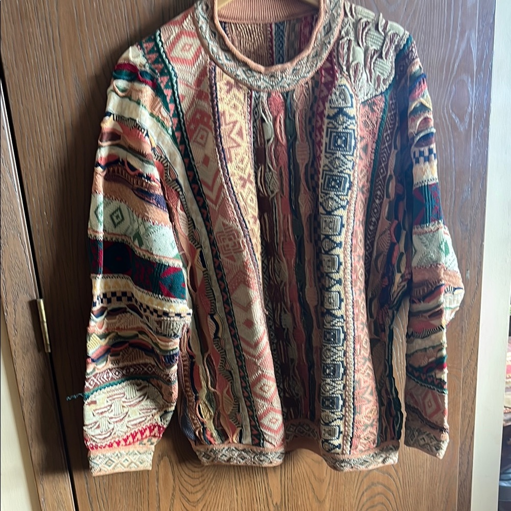 COOGI cotton men’s  Red greenand Orange Crewneck Sweater with Intricate Patterns